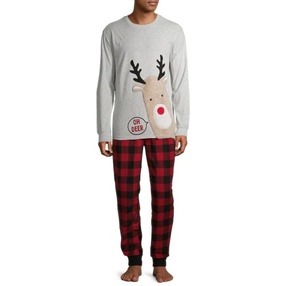 Holiday Time Gray Oh deer! Reindeer Plaid Pajama Set Small